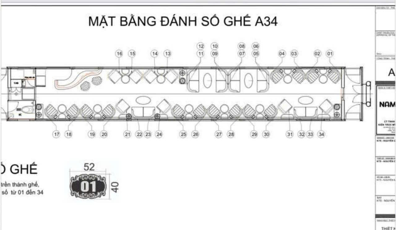 Sơ đồ toa 3 VIP ( 34 chỗ)