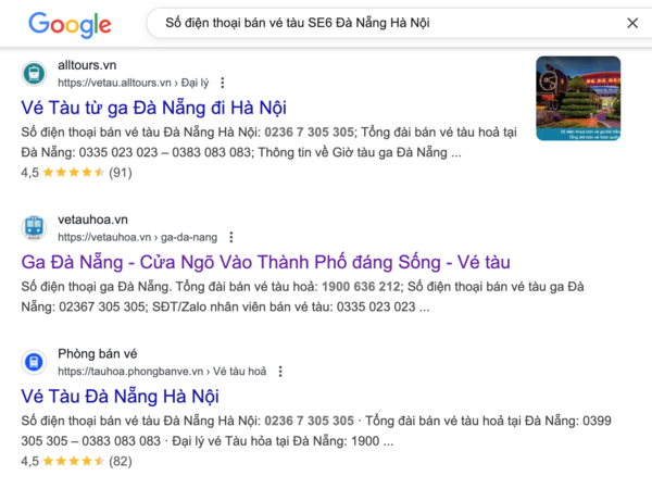 Tìm tên và thông tin, số điện thoại đại lý uy tín bán vé tàu SE6 Đà Nẵng Hà Nội trên Google