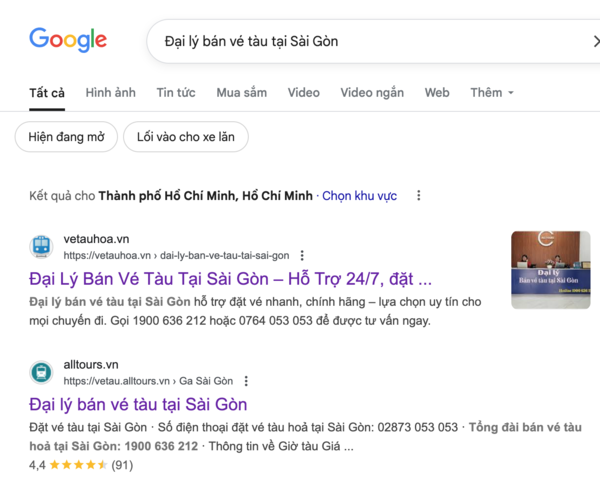 Hành khách có thể tìm thông tin, tên, số điện thoại đại lý bán vé tại Sài Gòn bán vé tàu Tết đi Ninh Bình qua Google