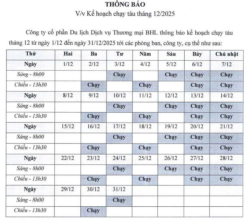 Lịch Chạy Tàu 5 Cửa Ô Tháng 12