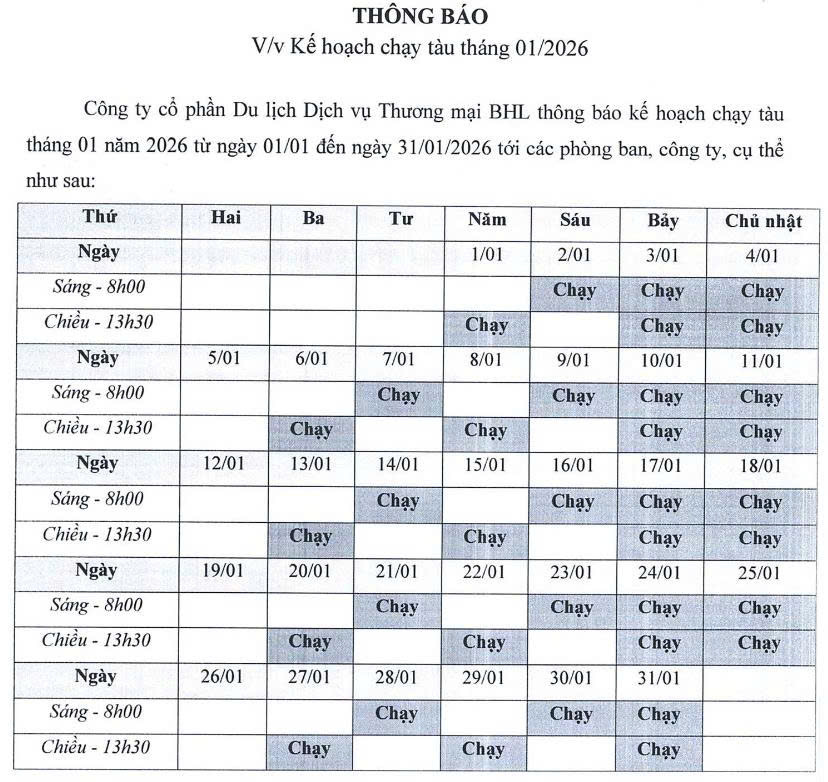 Lịch chạy tàu Hà Nội 5 Cửa Ô tháng 1/2026