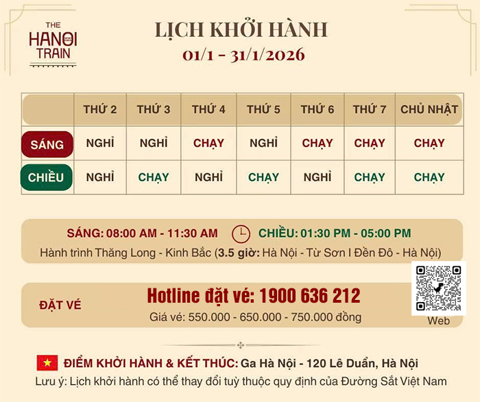 Lịch khởi hành tàu 5 Cửa Ô tháng 1/2026