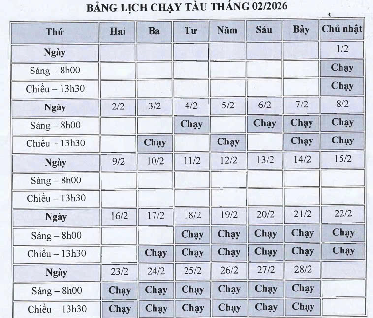 Lịch chạy tàu 5 cửa ô tháng 2/2026