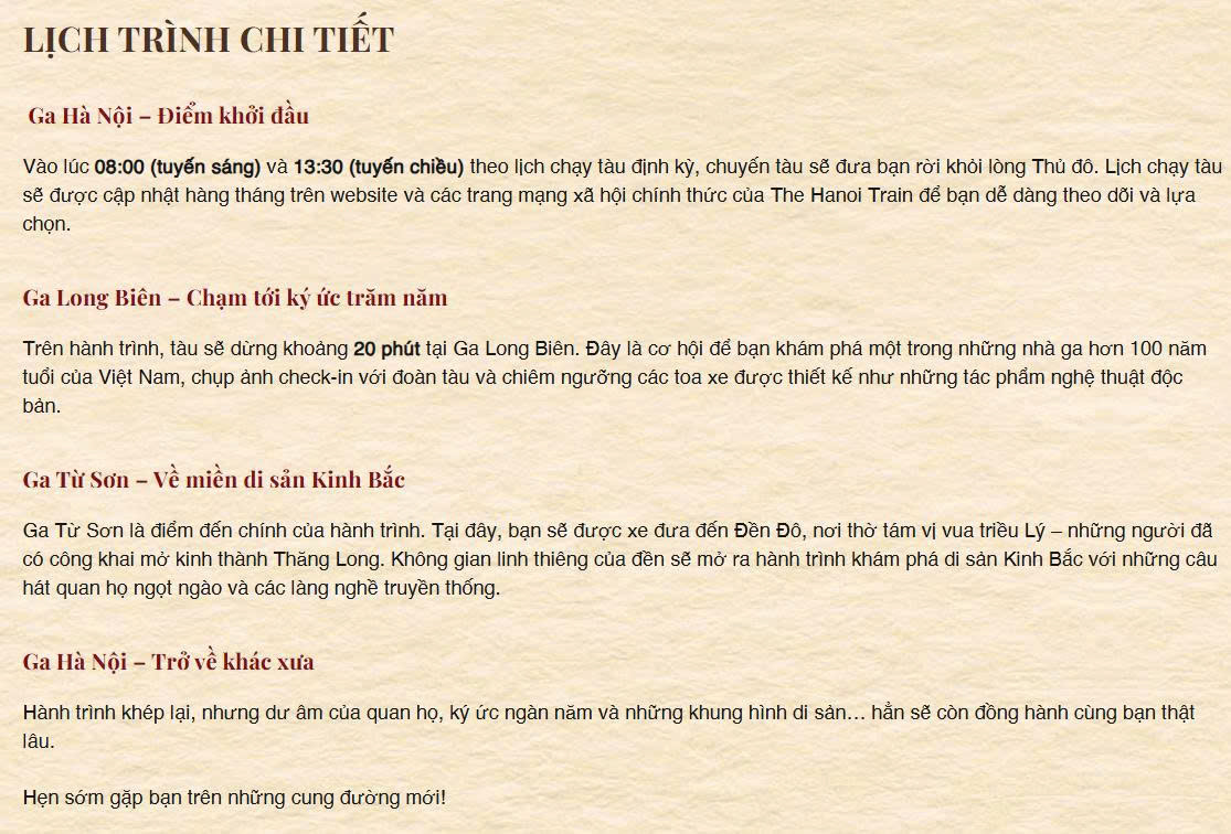 Lịch trình chi tiết tàu 5 cửa ô