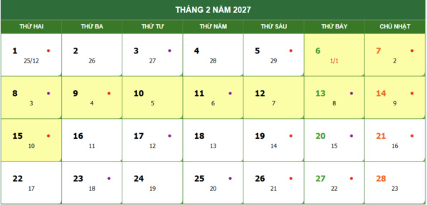 Lịch nghỉ Tết Đinh Mùi 2027